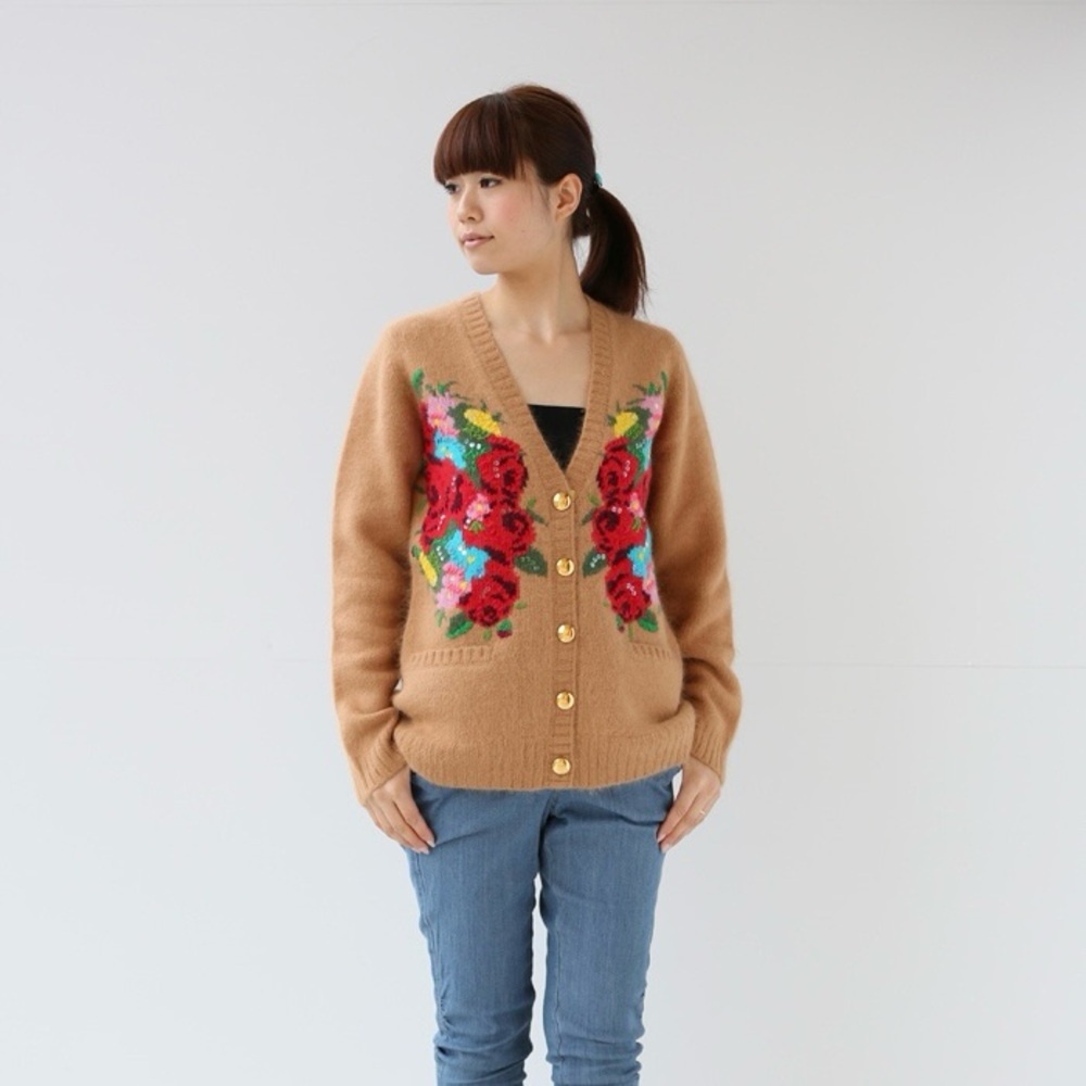 Muveil Flower Angora Womens Cardigan Front Pockets Gold Buttons Sz M-L